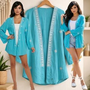 🛍️ ARIAT Boho Maui Blue Embroidered Misty open front Kimono Cover Up Size SMALL